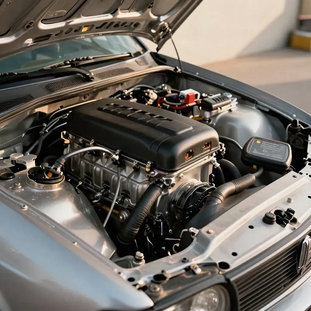 Open car engine bay with diagnostic lead, warning light, and scanner case