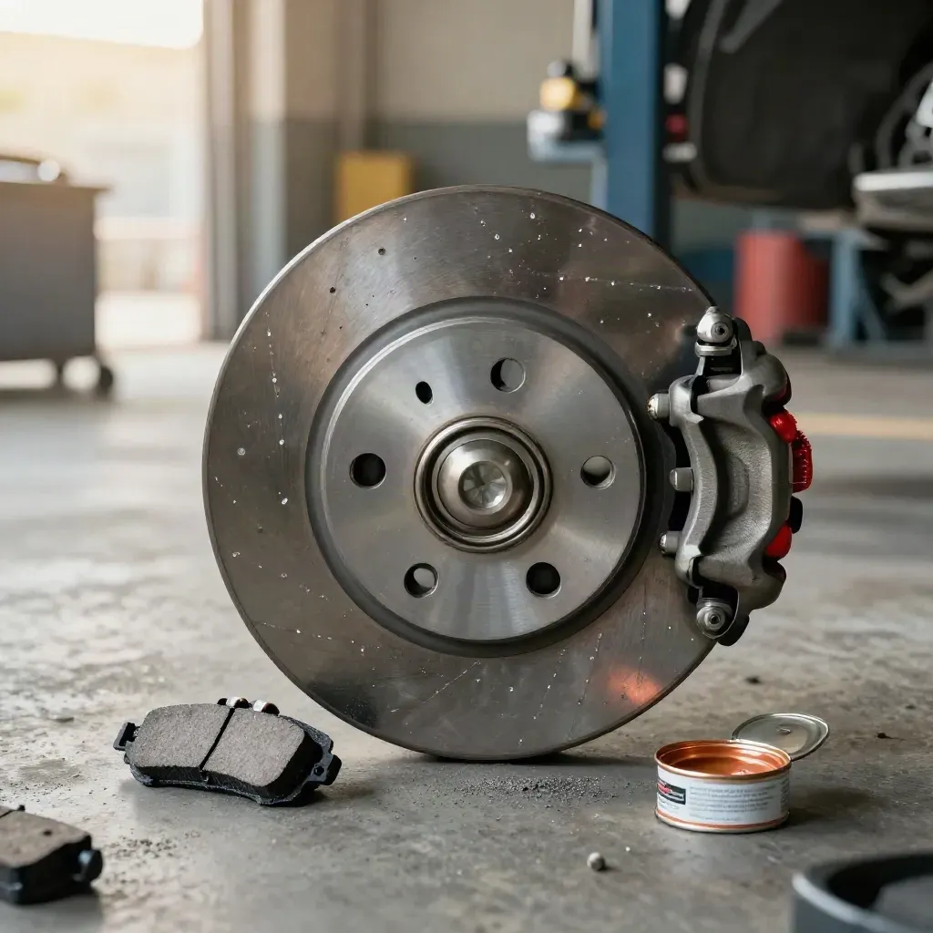 Brake rotor, pads and caliper hardware aligned beside a wheel hub on a concrete bay floor.
