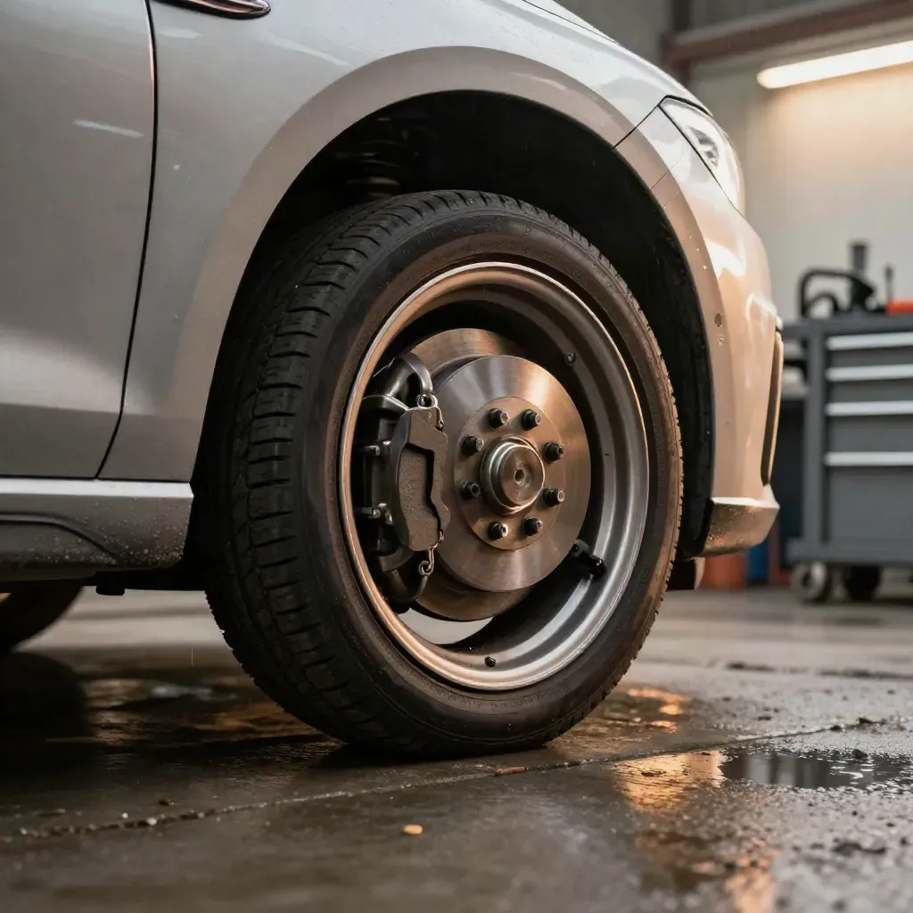 Clean silver hatchback with new brake discs and pads beside a workshop bay in rainy light.
