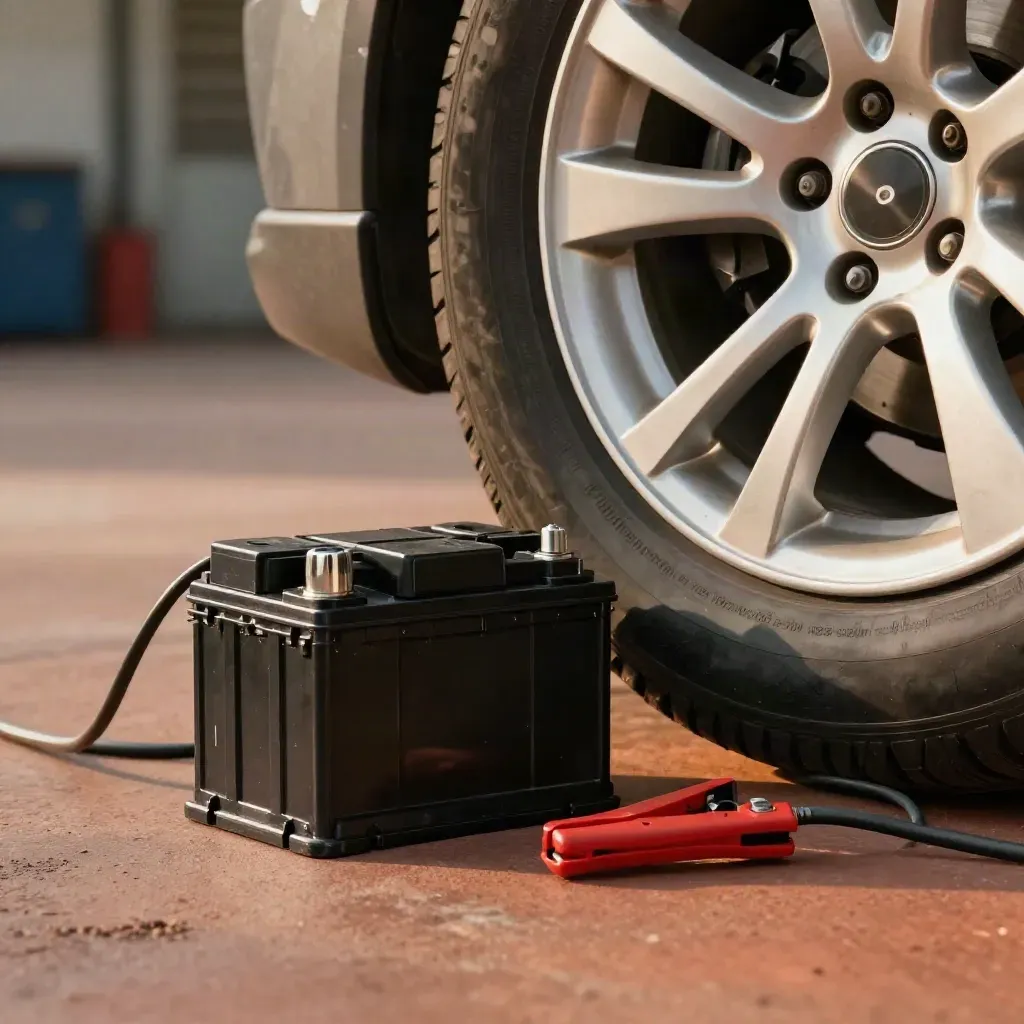 Wheel with battery, tyre sidewall, valve cap and jump leads on a workshop floor.
