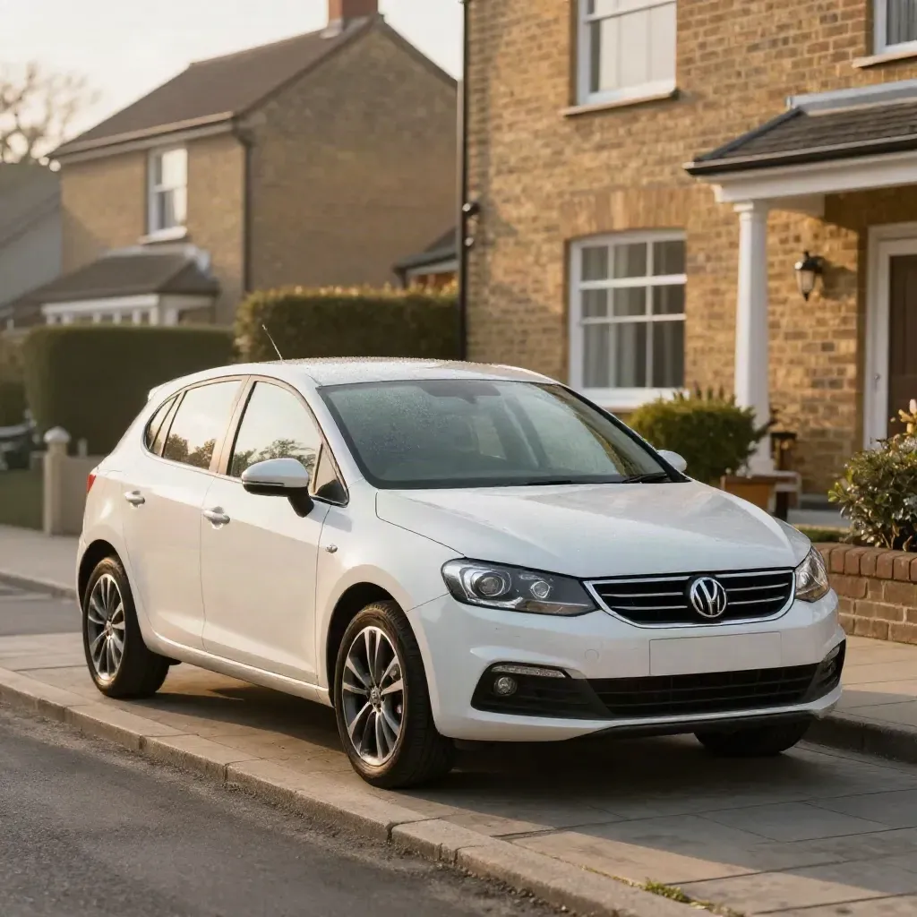 Serviced family hatchback parked curbside, bonnet shut, dew on paint, quiet residential morning.