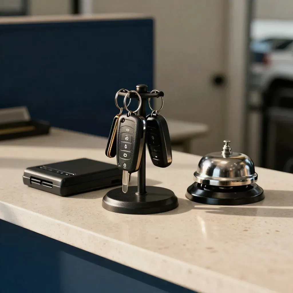 Car service desk still life with key fob rack, card reader, bell and clip tray on a pale counter.