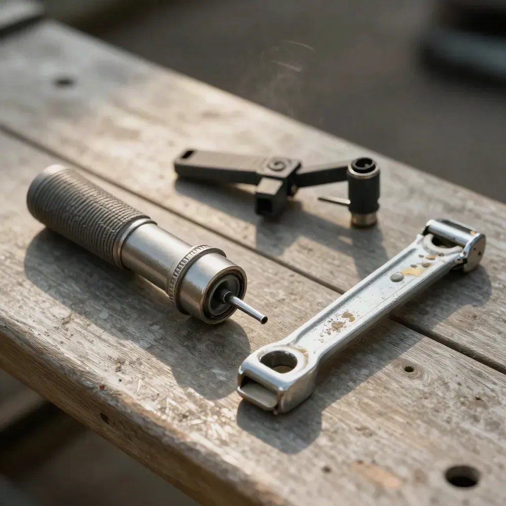 MOT tools on a worn bench, torch and tread gauge in sharp macro focus.