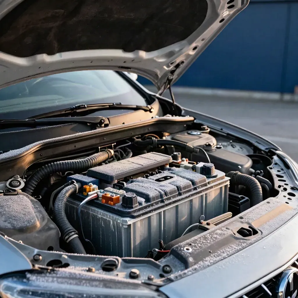 Fresh battery secured in a frosty engine bay under dawn light, ready for a clean cold start.