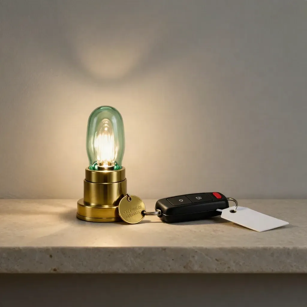 Green indicator lamp, brass token and key fob on a stone shelf with a blank tag.